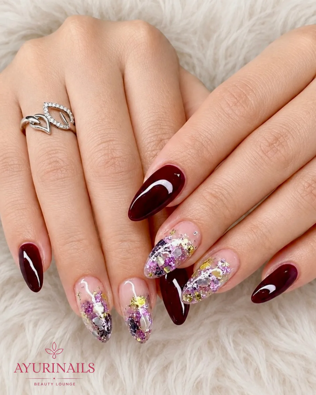 burgundy almond nails with encapsulated glitter foil accent nails, AyuriNails Beauty Lounge Makati